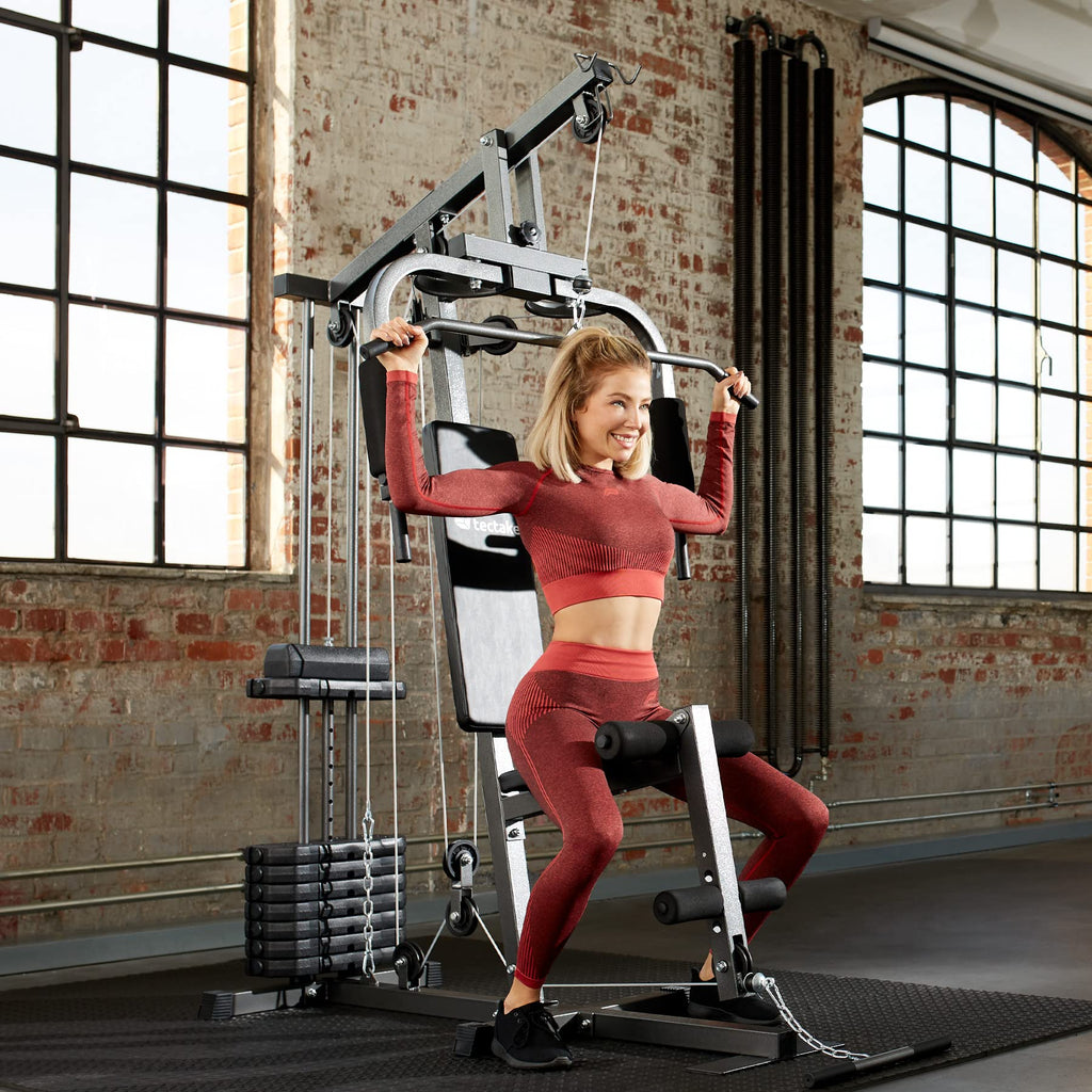 tectake® Strength Training Station, Power Cage, Pull-Up Bar, Home Trainer, Butterfly Module, Leg Extension Device, Strength Training Equipment, Barbell, Home Sports, Fitness