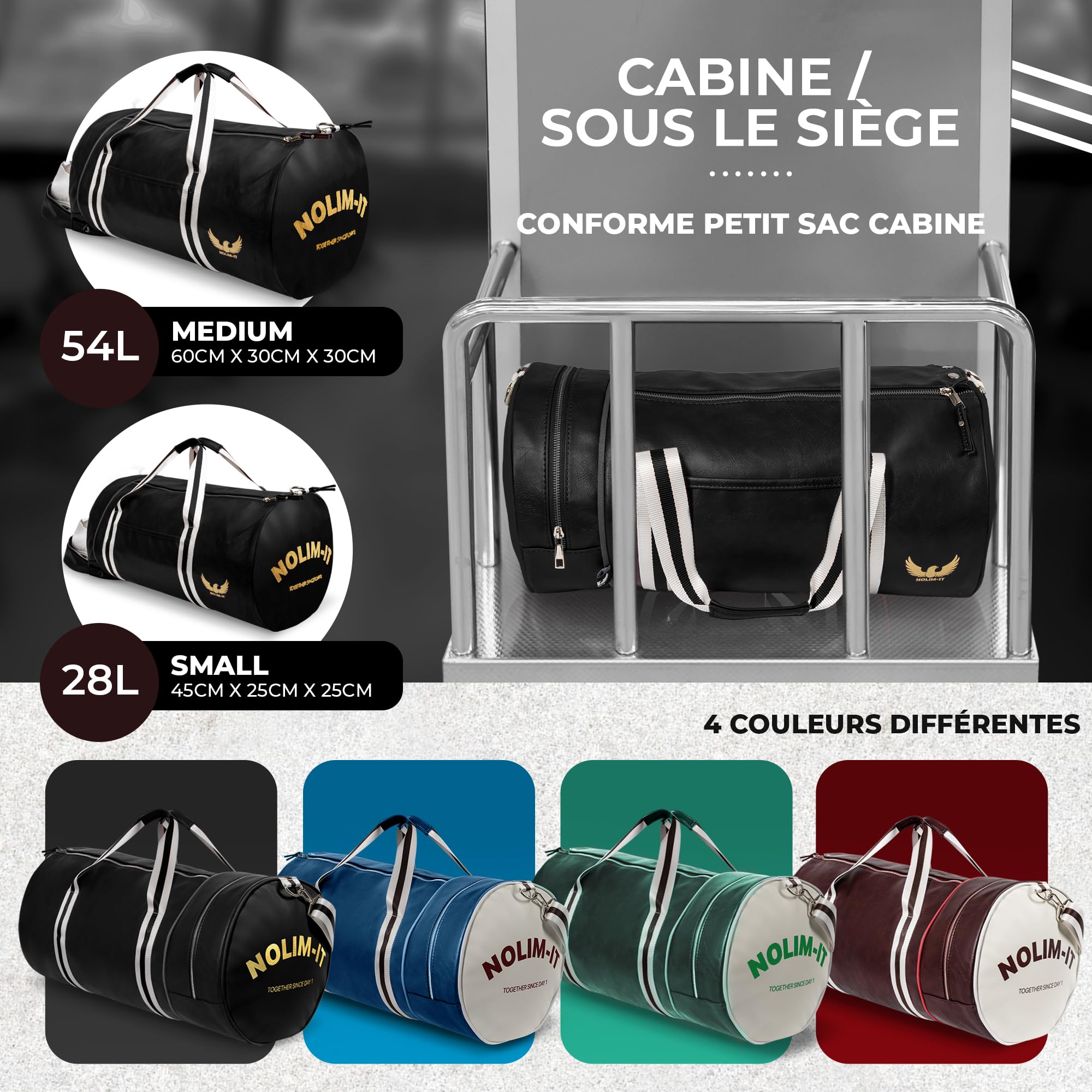 Sac de Sport Nolim-it® - Vintage - Simili Cuir - Sac bandoulière Homme - Pliable - Compartiment Chaussures - Sac Voyage Cabine - Résistant à l’Eau - 45x25x25cm - Small 28L - Duffel Bag - Musculation