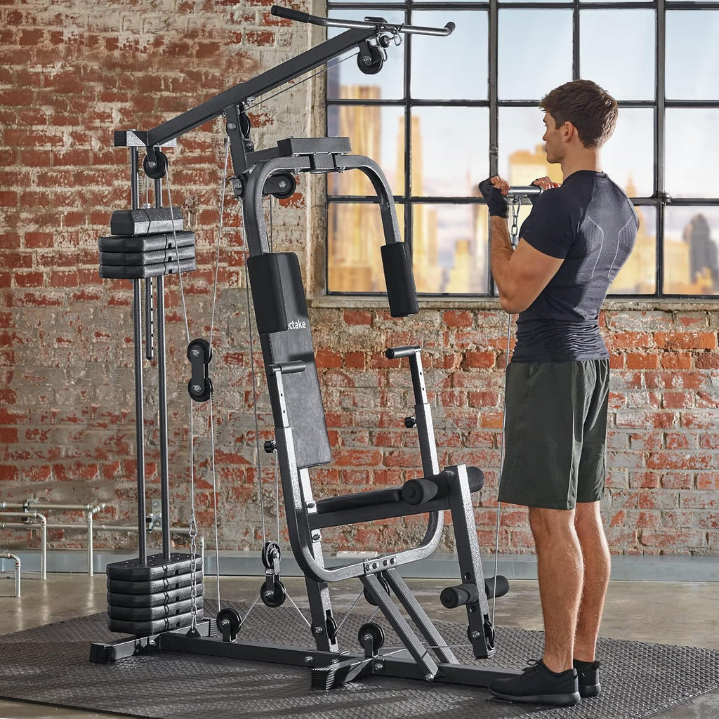 tectake® Strength Training Station, Power Cage, Pull-Up Bar, Home Trainer, Butterfly Module, Leg Extension Device, Strength Training Equipment, Barbell, Home Sports, Fitness