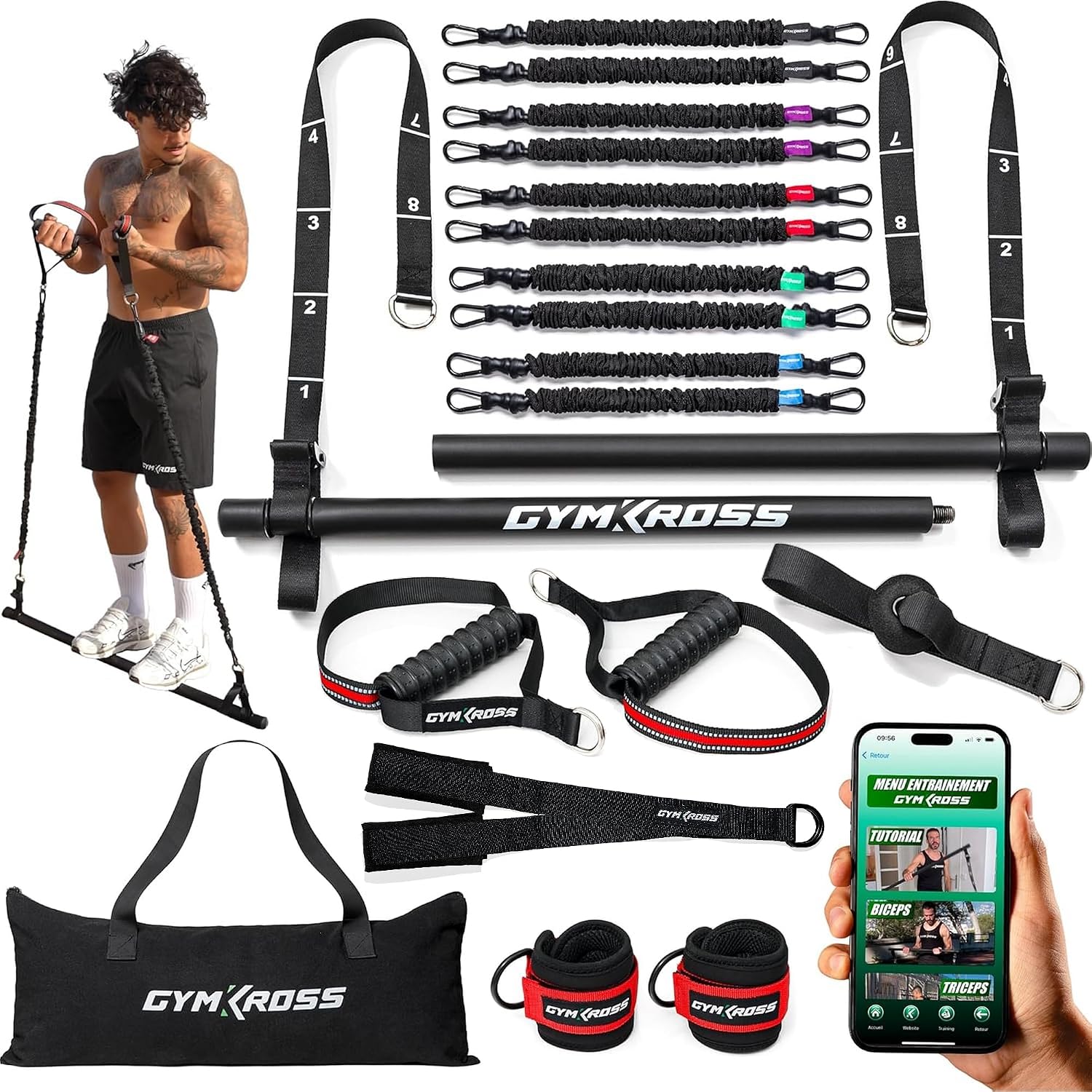 Resistance Bands Set with 10 Natural Latex Resistance Bands 200 kg + Resistance Bar & Suspension Straps – Fitness/Pilates/Home Workout & Crossfit Resistance Band Kit