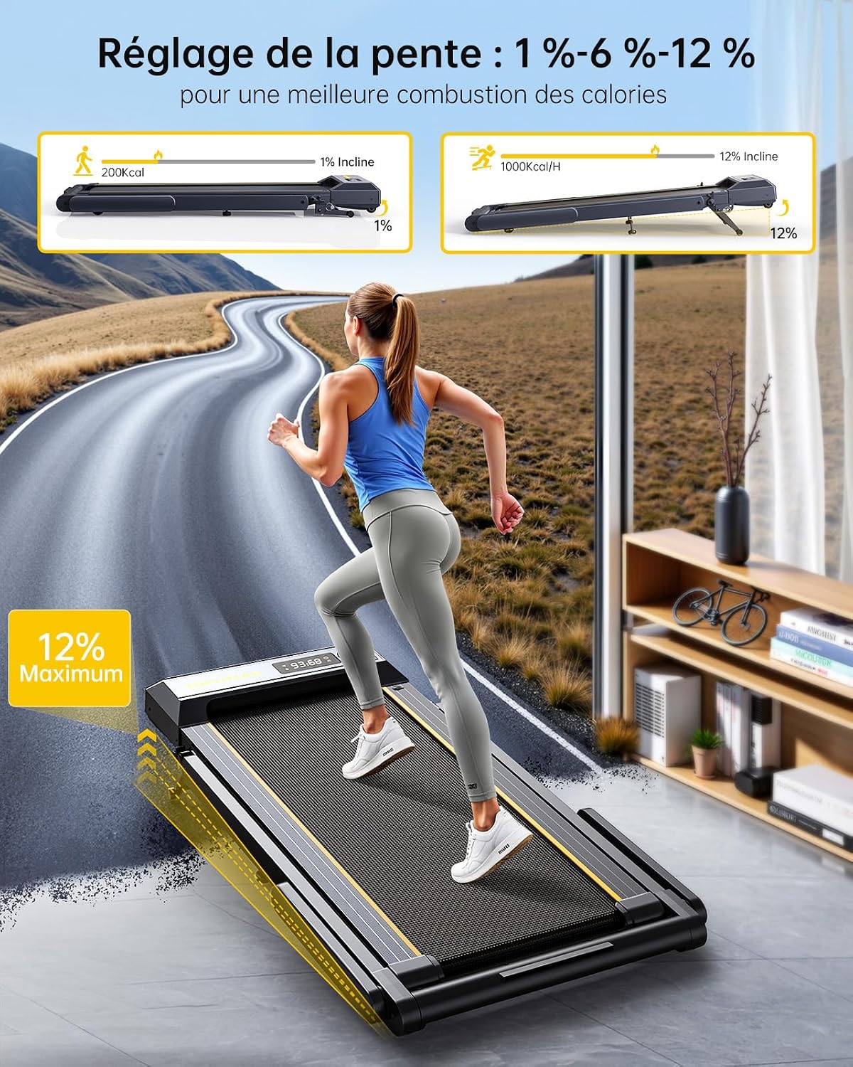 Treadmill, 16 km/h speed, 3-level incline adjustment, 12% max incline, 42 cm running belt, electric folding, dual LED display, heart rate measurement, APP control
