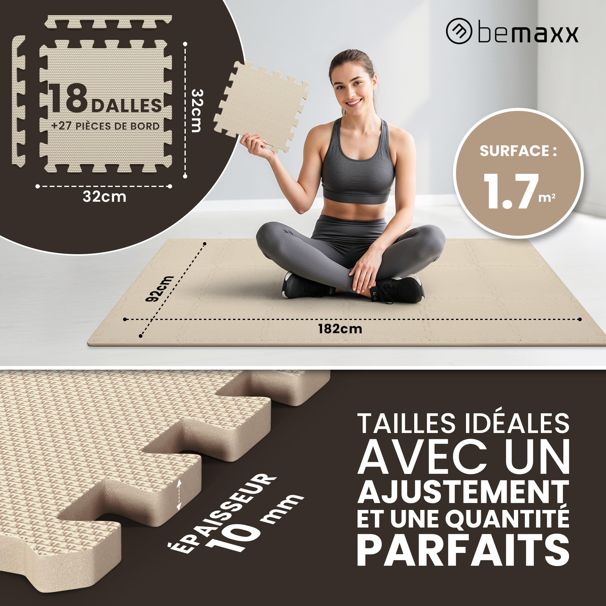 bemaxx Tapis de Fitness Protection de Sol Salle de Sport - Dalles en Mousse | EVA Caoutchouc sans BPA Matelas Puzzle Yoga Pilates Tatami pour Matériel Gym Banc de Musculation Garage Piscine Isolation