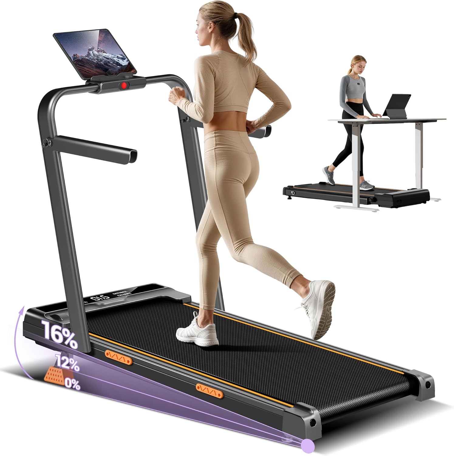 LONTEK 3.0HP Folding Treadmill with 16% Incline, with Armrests | 10km/h Folding Walking Pad with Incline, Remote Control, Treadmill Walking Pad, Desk Walking Pad, 159KG Max Load