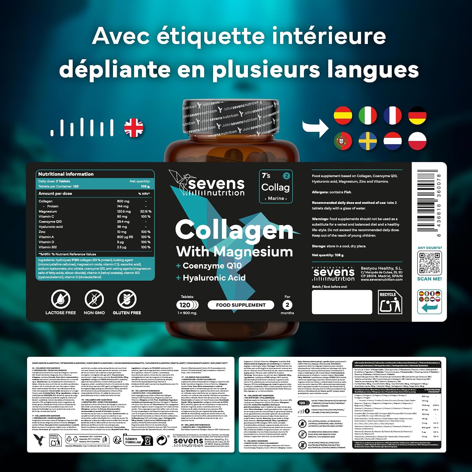Collagène Marin Hydrolysé avec Magnésium Acide Hyaluronique Coenzyme Q10 | 120 Gélules - Peau Os Articulations - Vitamines A C D3 B12 Zinc - Haute Absorption - Sevens