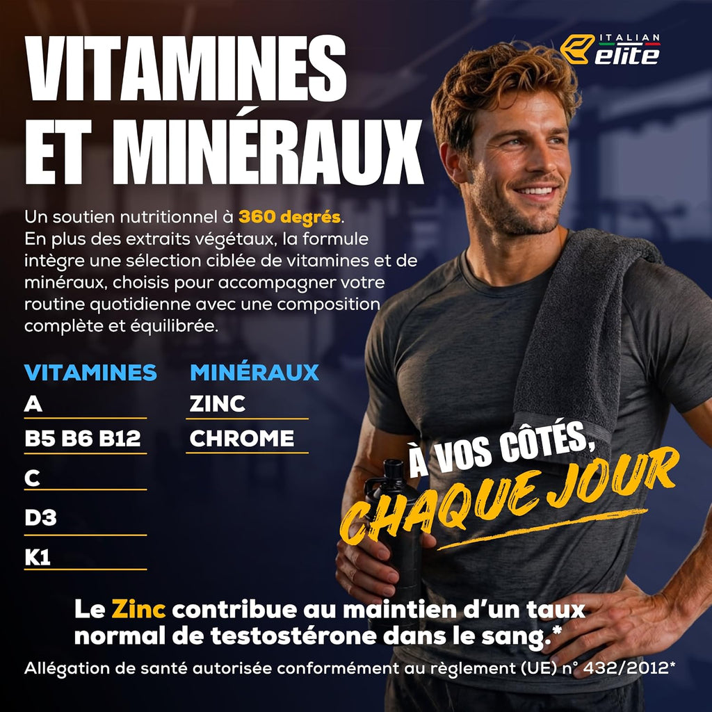 Italian Elite Testo Complex 120 Gélules - Formule avec Maca 8000 mg, Tribulus, Fenugrec, Zinc, Arginine, Taurine, Ashwagandha, Vitamines et Minéraux