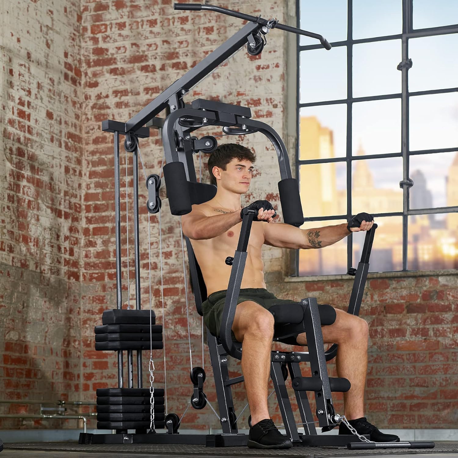 tectake® Strength Training Station, Power Cage, Pull-Up Bar, Home Trainer, Butterfly Module, Leg Extension Device, Strength Training Equipment, Barbell, Home Sports, Fitness