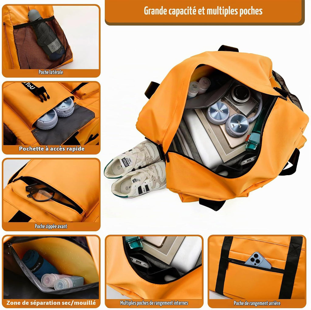 Sac de Sport Femme Homme (Jaune) | Sac Sport avec Compartiment à Chaussures de Ventilation, Sac de Voyage Femme Imperméable avec Compartiment Humide