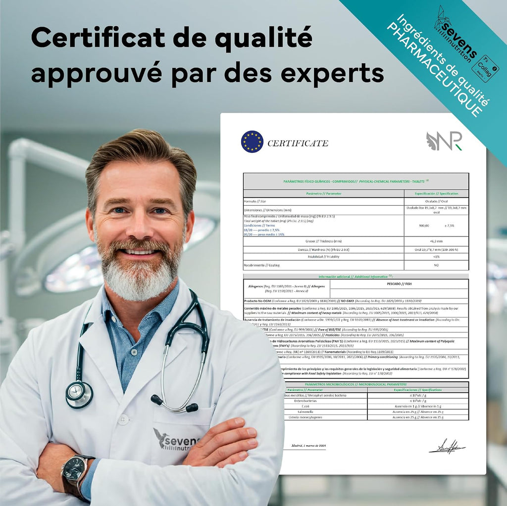 Collagène Marin Hydrolysé avec Magnésium Acide Hyaluronique Coenzyme Q10 | 120 Gélules - Peau Os Articulations - Vitamines A C D3 B12 Zinc - Haute Absorption - Sevens