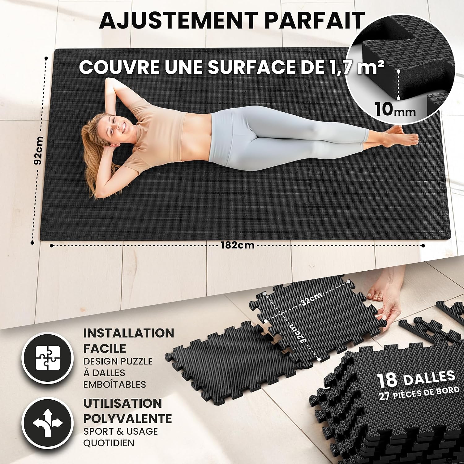 bemaxx Tapis de Fitness Protection de Sol Salle de Sport - Dalles en Mousse | EVA Caoutchouc sans BPA Matelas Puzzle Yoga Pilates Tatami pour Matériel Gym Banc de Musculation Garage Piscine Isolation