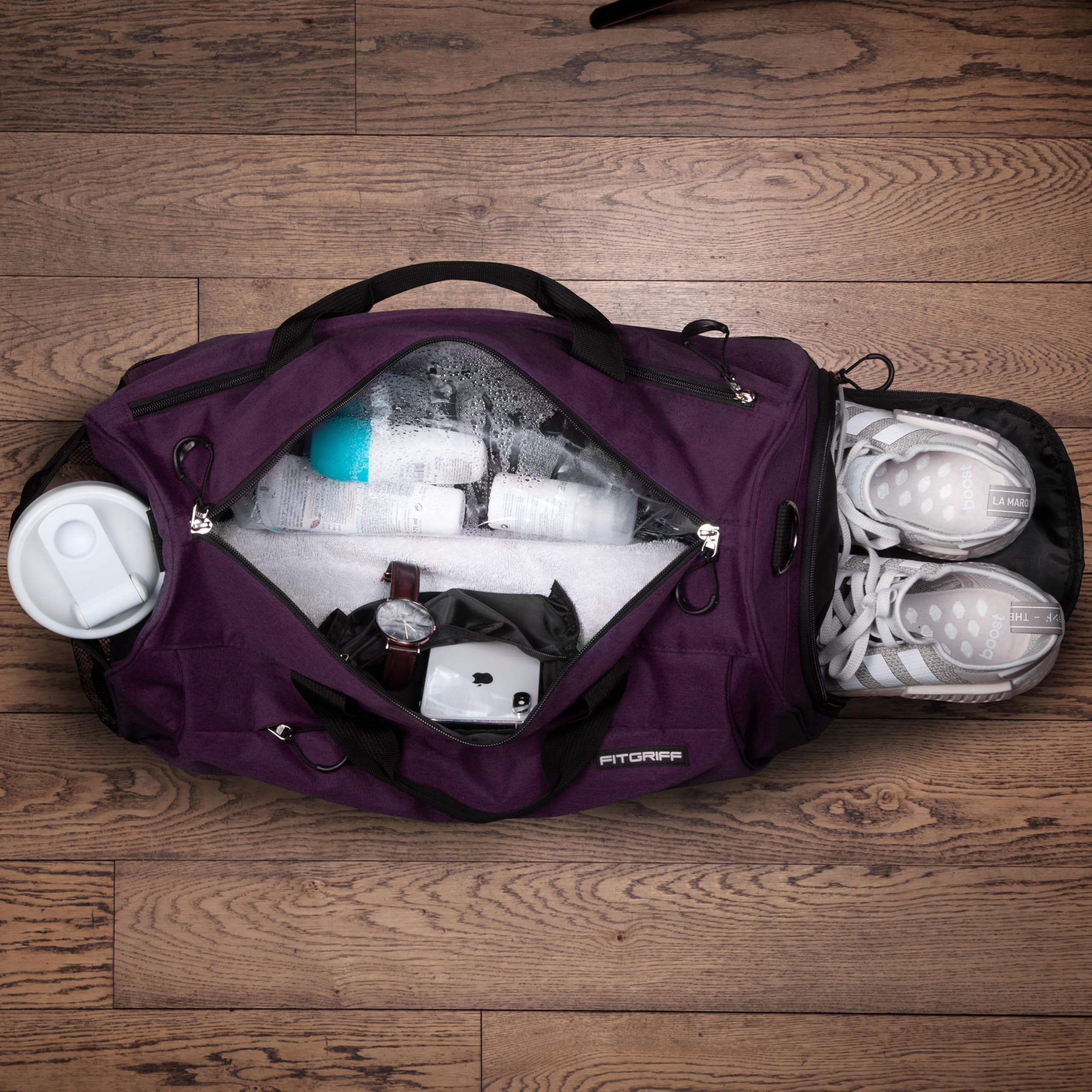 Fitgriff® Sac de Sport Homme & Femme V1 - Sacs de Voyage avec Compartiments Chaussures et Humide, pour Gym, Fitness, Weekend - Duffel Bag