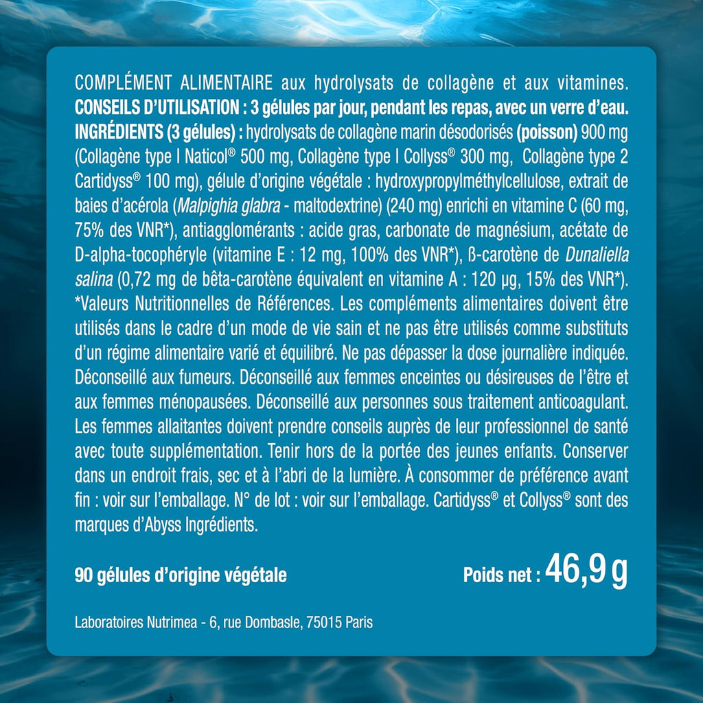 Collagene Marin | Types 1 & 2 Brevetés | Vitamines A, C & E Végétales | Pur et Naturel | Hydratation de la Peau | Protège Os et Cartilages | 900 mg | 90 Gélules | Nutrimea | Fabriqué en France