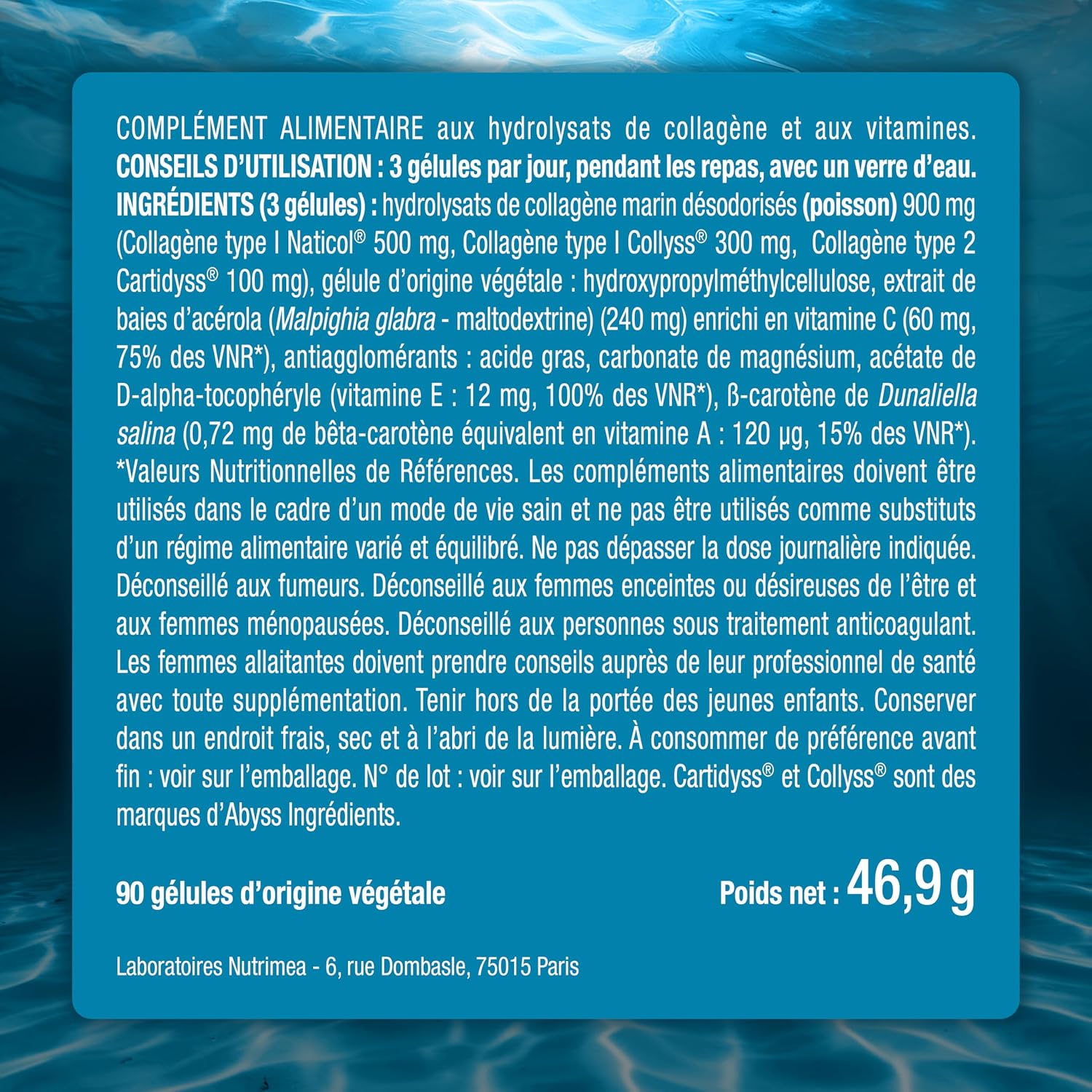 Collagene Marin | Types 1 & 2 Brevetés | Vitamines A, C & E Végétales | Pur et Naturel | Hydratation de la Peau | Protège Os et Cartilages | 900 mg | 90 Gélules | Nutrimea | Fabriqué en France