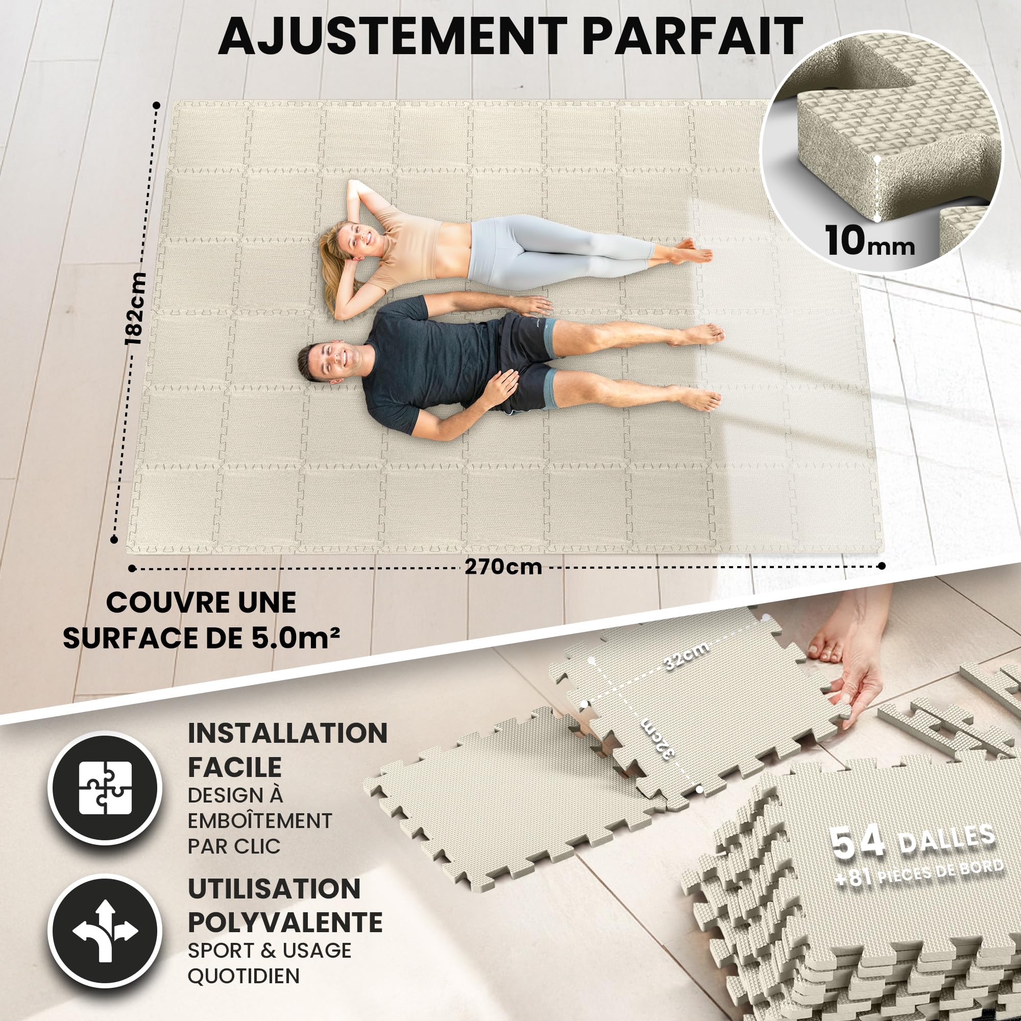 bemaxx Tapis de Fitness Protection de Sol Salle de Sport - Dalles en Mousse | EVA Caoutchouc sans BPA Matelas Puzzle Yoga Pilates Tatami pour Matériel Gym Banc de Musculation Garage Piscine Isolation