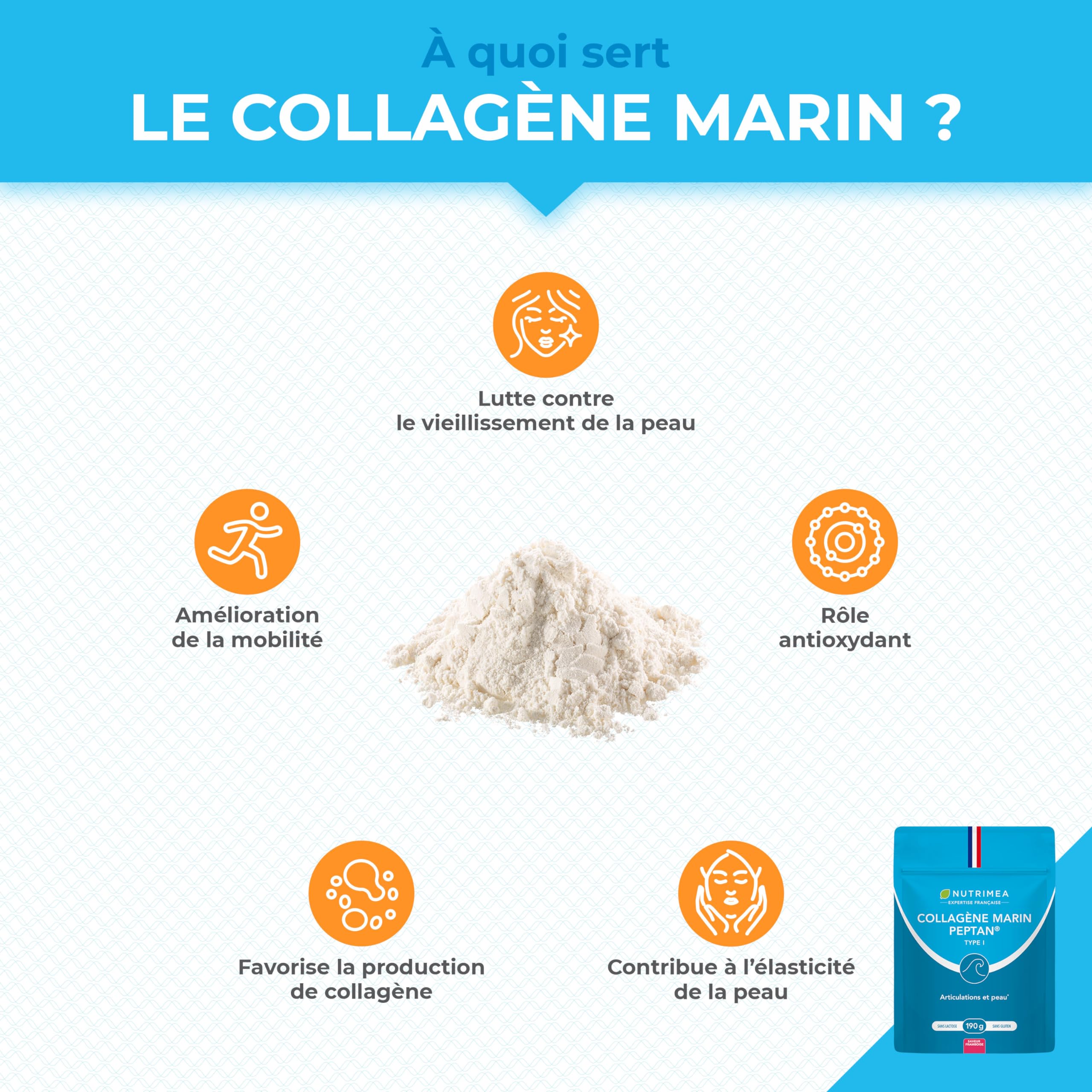 Collagene Marin | Types 1 & 2 Brevetés | Vitamines A, C & E Végétales | Pur et Naturel | Hydratation de la Peau | Protège Os et Cartilages | 900 mg | 90 Gélules | Nutrimea | Fabriqué en France