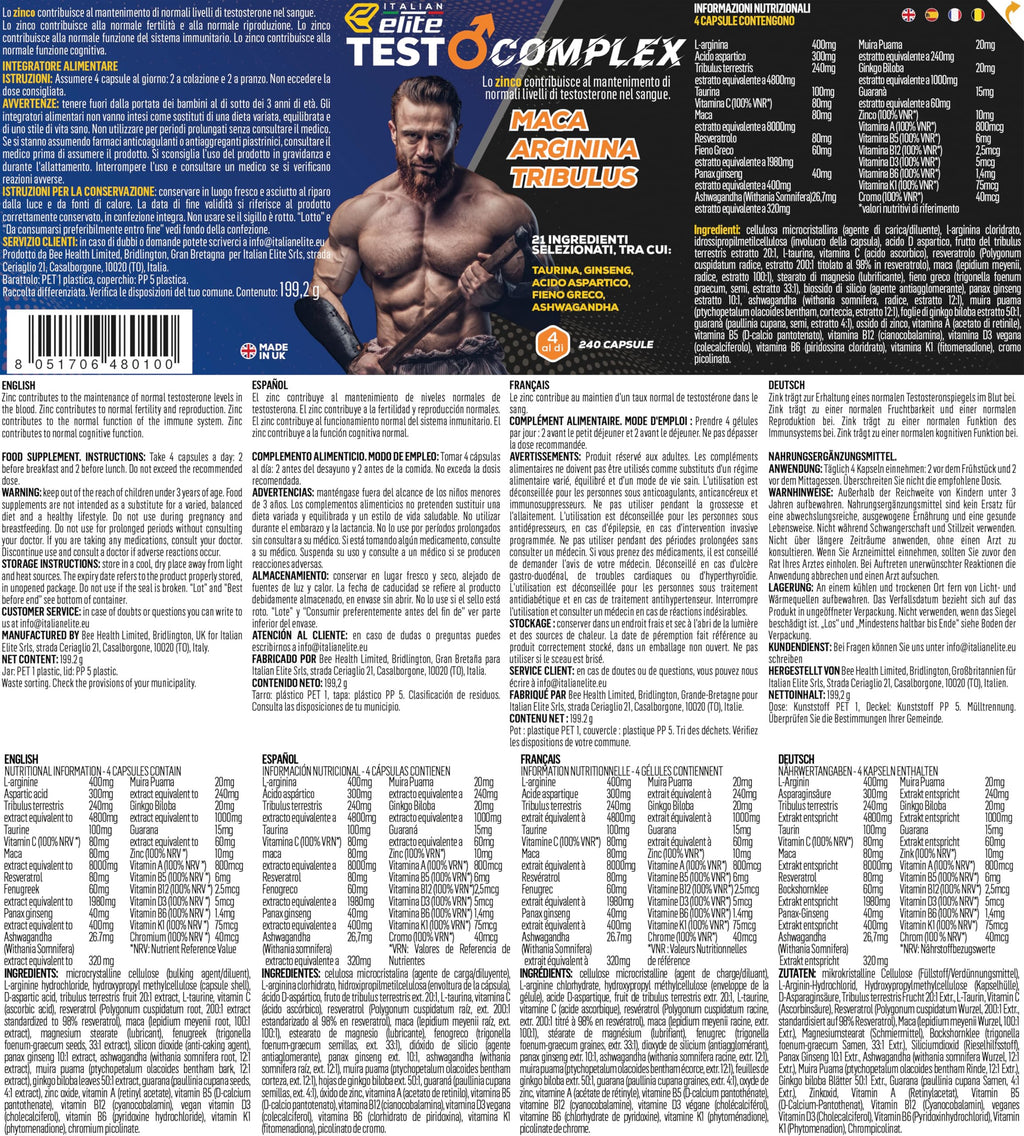 Italian Elite Testo Complex 120 Gélules - Formule avec Maca 8000 mg, Tribulus, Fenugrec, Zinc, Arginine, Taurine, Ashwagandha, Vitamines et Minéraux