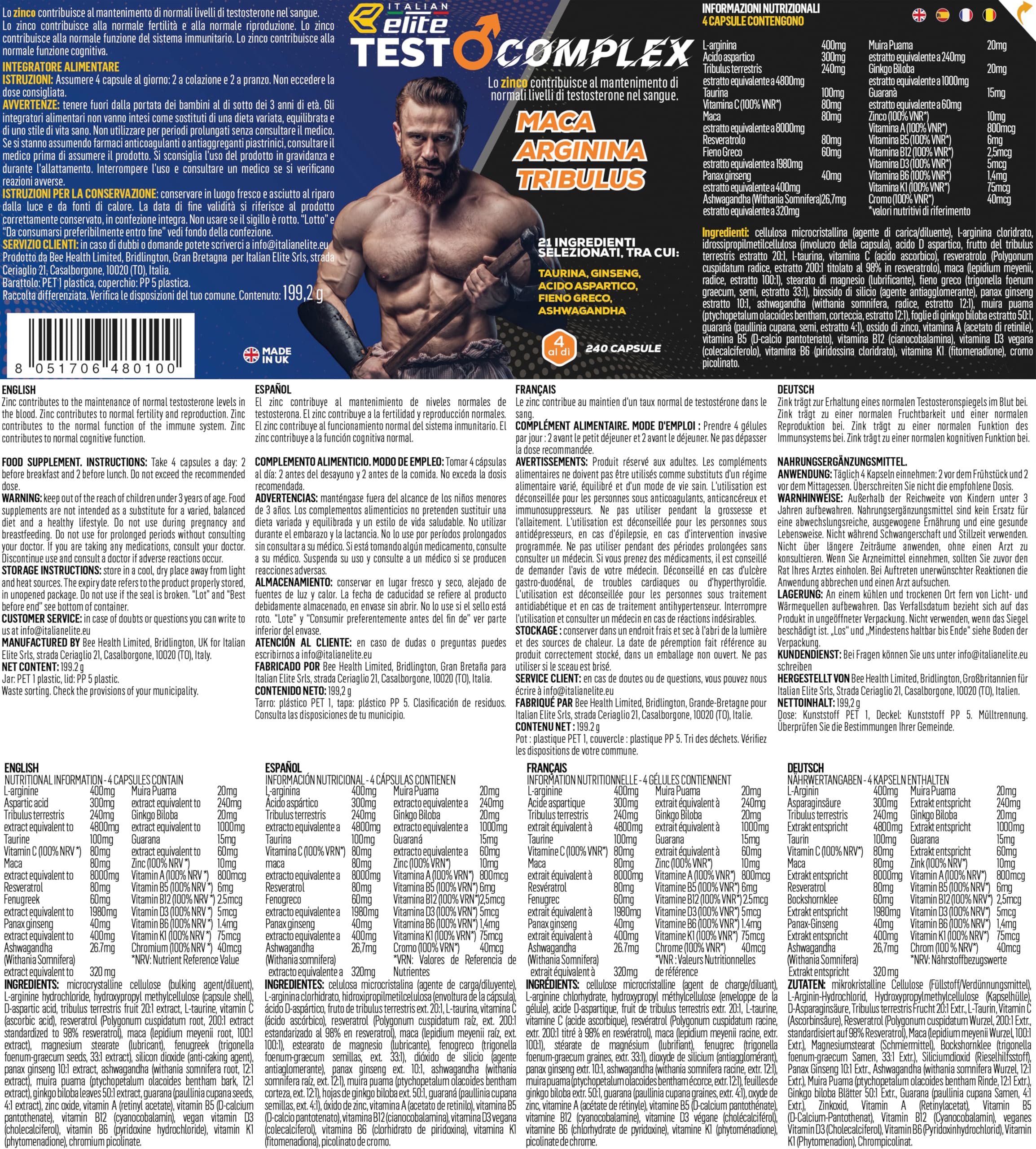 Italian Elite Testo Complex 120 Gélules - Formule avec Maca 8000 mg, Tribulus, Fenugrec, Zinc, Arginine, Taurine, Ashwagandha, Vitamines et Minéraux