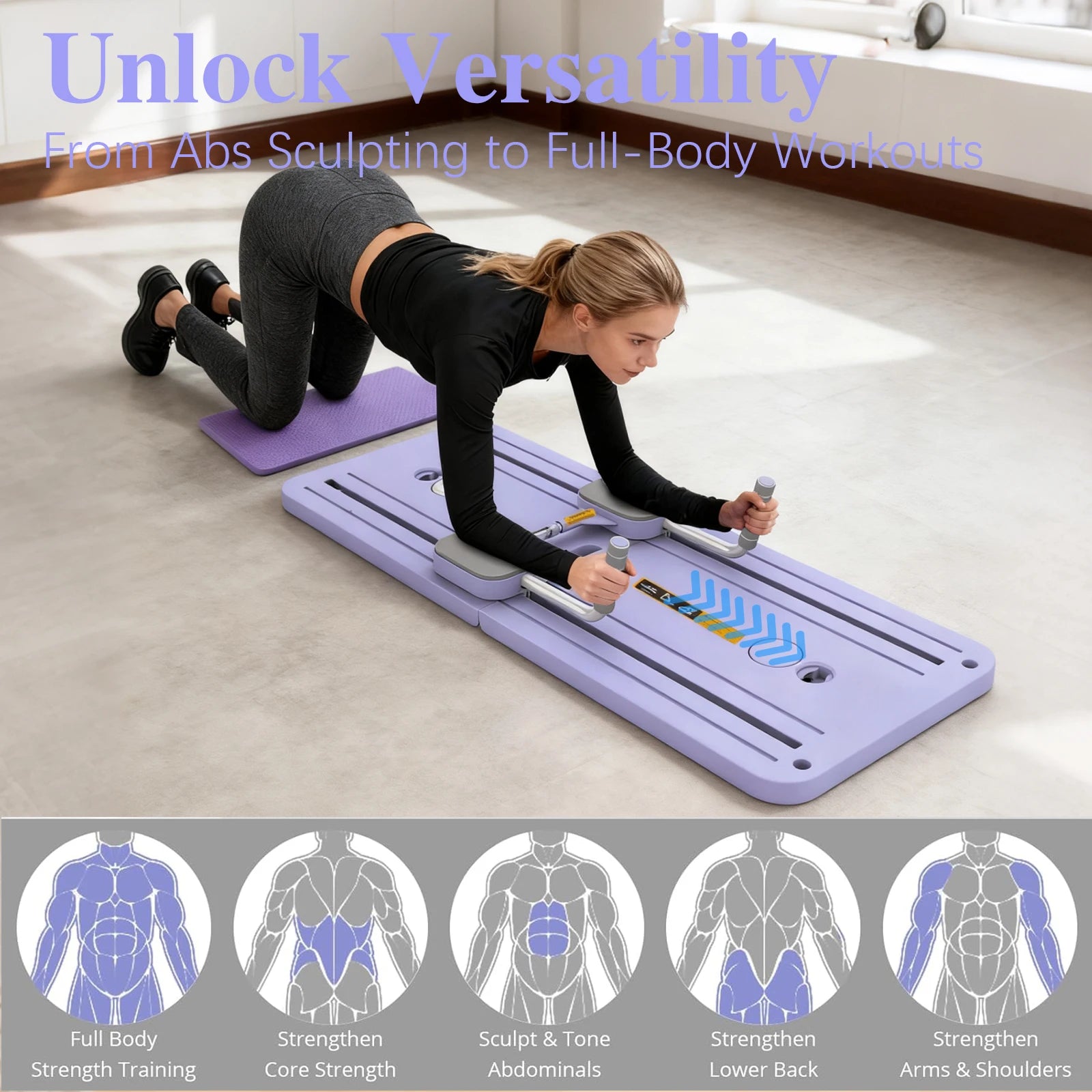 Foldable Pilates Board All-round Fitness Board Home Fat Burning Fitness Equipment with EVA Elbow Support Pads, Soft Foam Handles