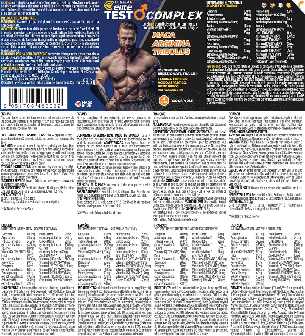 Italian Elite Testo Complex 120 Gélules - Formule avec Maca 8000 mg, Tribulus, Fenugrec, Zinc, Arginine, Taurine, Ashwagandha, Vitamines et Minéraux