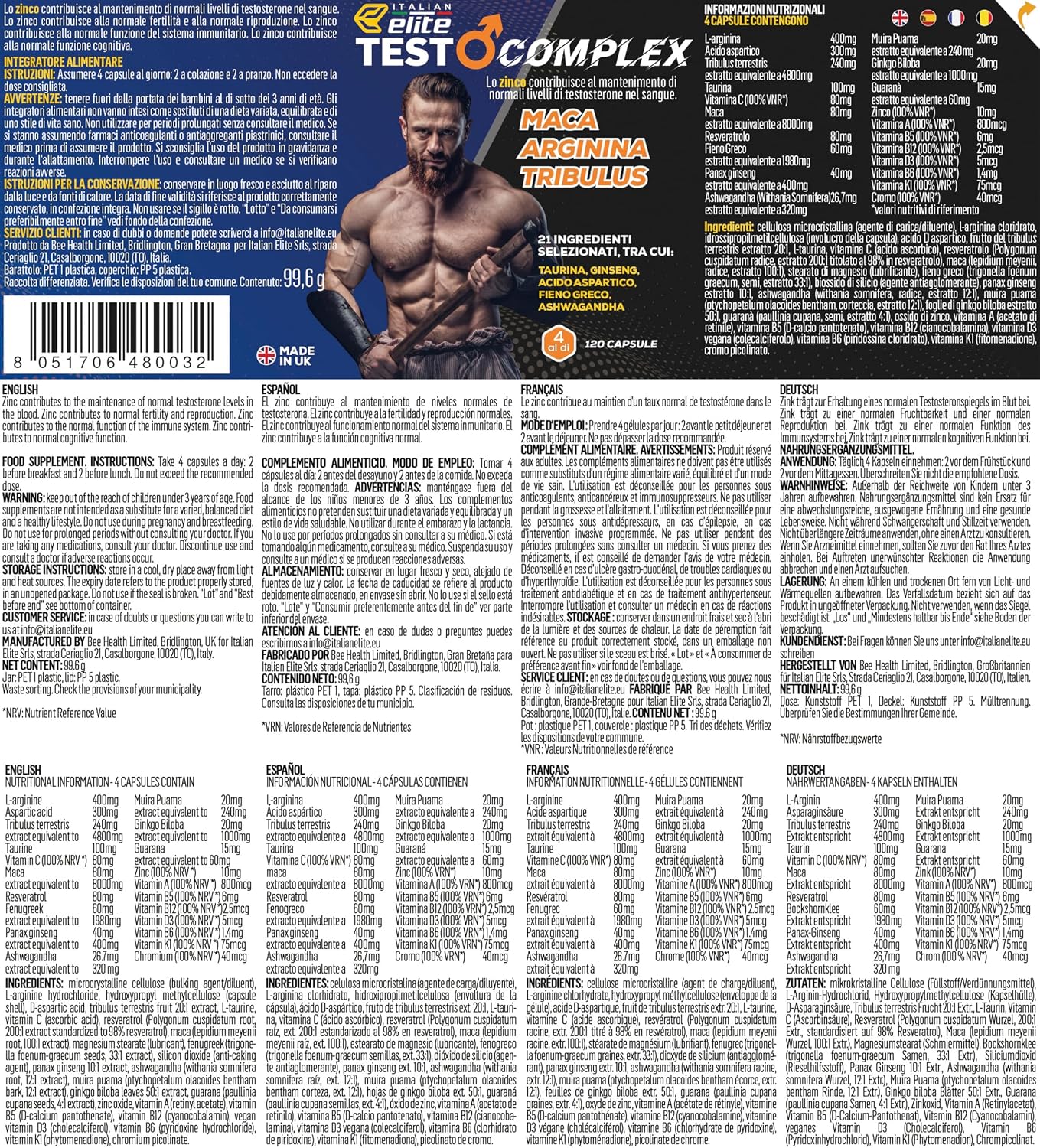 Italian Elite Testo Complex 120 Gélules - Formule avec Maca 8000 mg, Tribulus, Fenugrec, Zinc, Arginine, Taurine, Ashwagandha, Vitamines et Minéraux