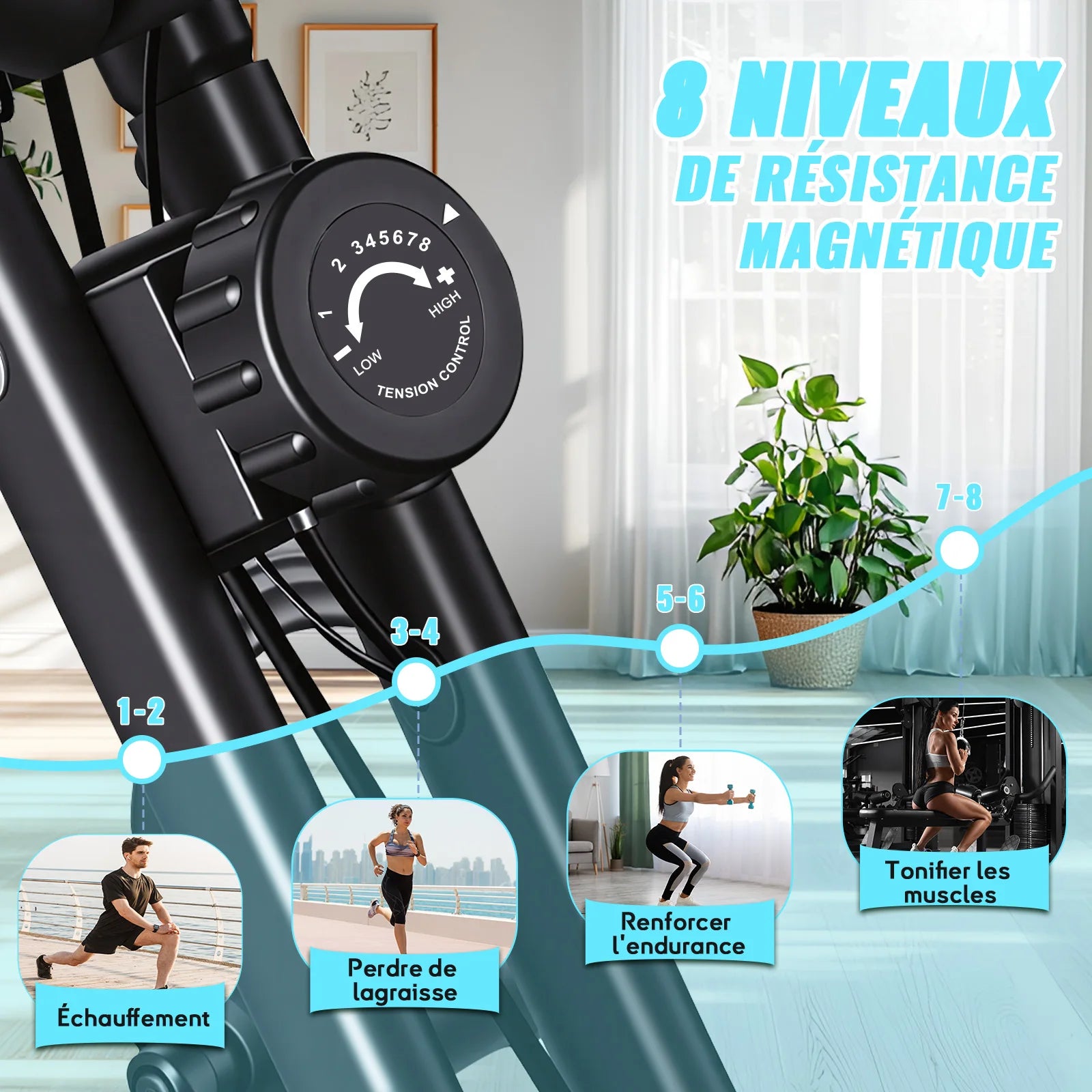 Foldable apartment bike, 16 levels of magnetic resistance, maximum load capacity of kg, LED screen, 5 modes, sound level less than 10 dB, adjustment of the height of the sable on 8 positions.