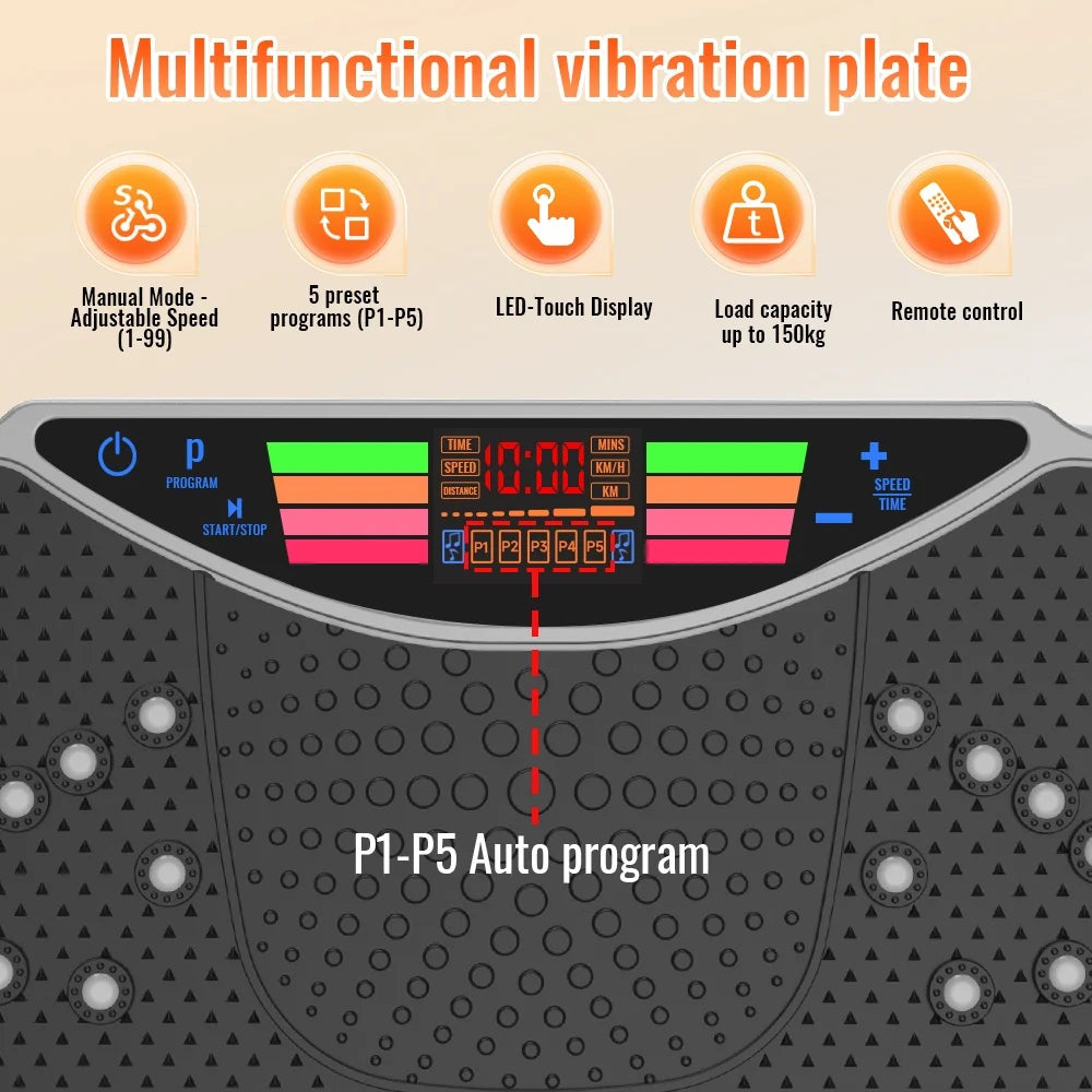 Vibration Plate Exercise Machine for Home Fitness with 99 Levels Silent Motor 150kg Weight Capacity LCD Display Remote Control Workout Platform