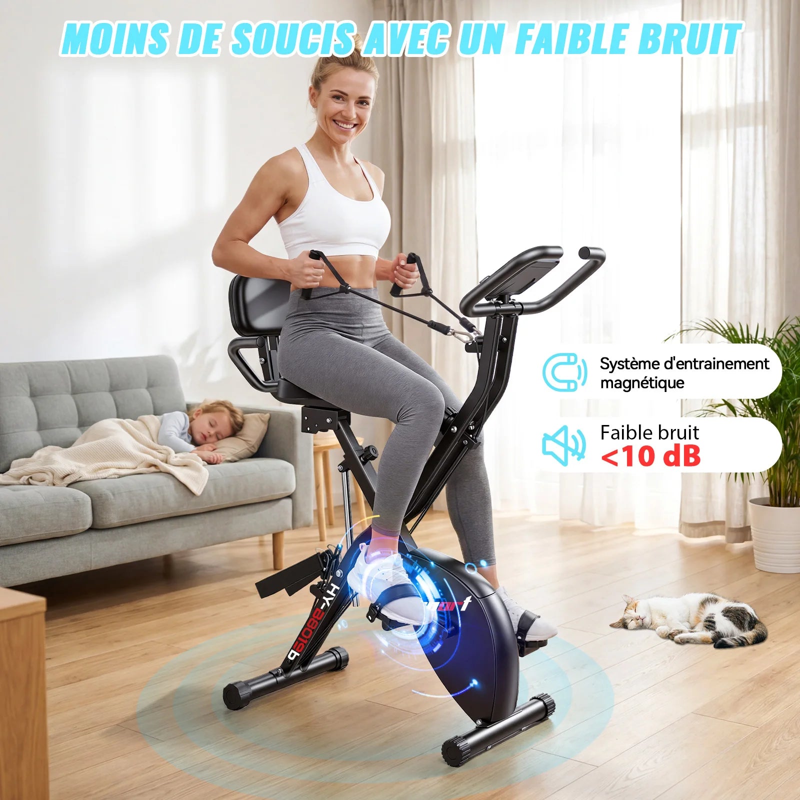 Foldable apartment bike, 16 levels of magnetic resistance, maximum load capacity of kg, LED screen, 5 modes, sound level less than 10 dB, adjustment of the height of the sable on 8 positions.