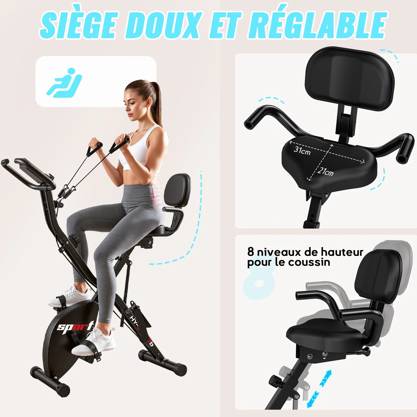 Foldable apartment bike, 16 levels of magnetic resistance, maximum load capacity of kg, LED screen, 5 modes, sound level less than 10 dB, adjustment of the height of the sable on 8 positions.