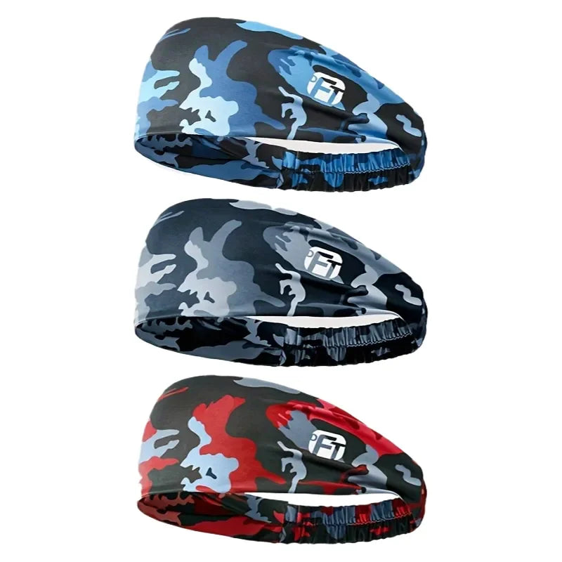 3-Pack Sport Headbands Solid Color Striped Camouflage Absorbent Non-Slip Elastic Sweat-Wicking Breathable Unisex for Fitness Out