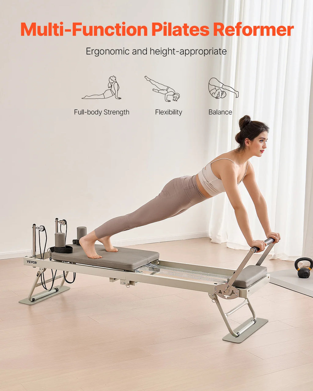 VEVOR Foldable Pilates Reformer Pilates Workout Machine for Home Gym Studio Use, Pilates Bed with Dual Resistance- Spring & Cord