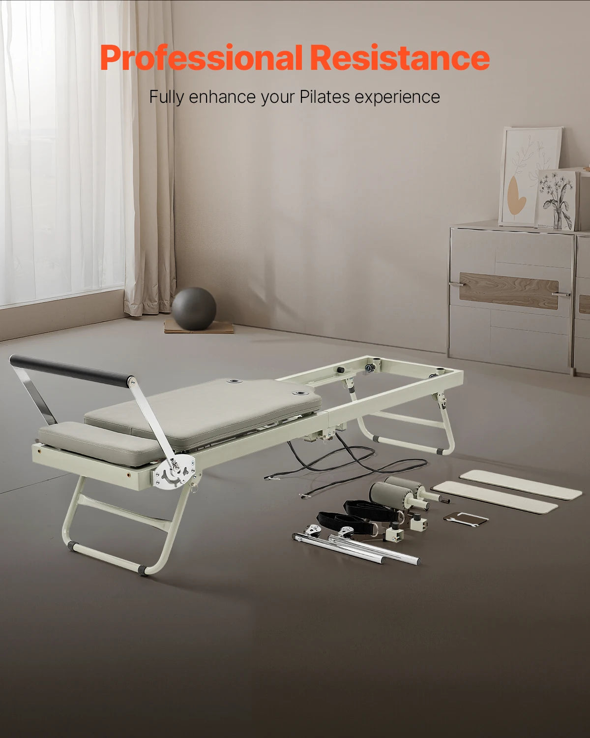 VEVOR Foldable Pilates Reformer Pilates Workout Machine for Home Gym Studio Use, Pilates Bed with Dual Resistance- Spring & Cord