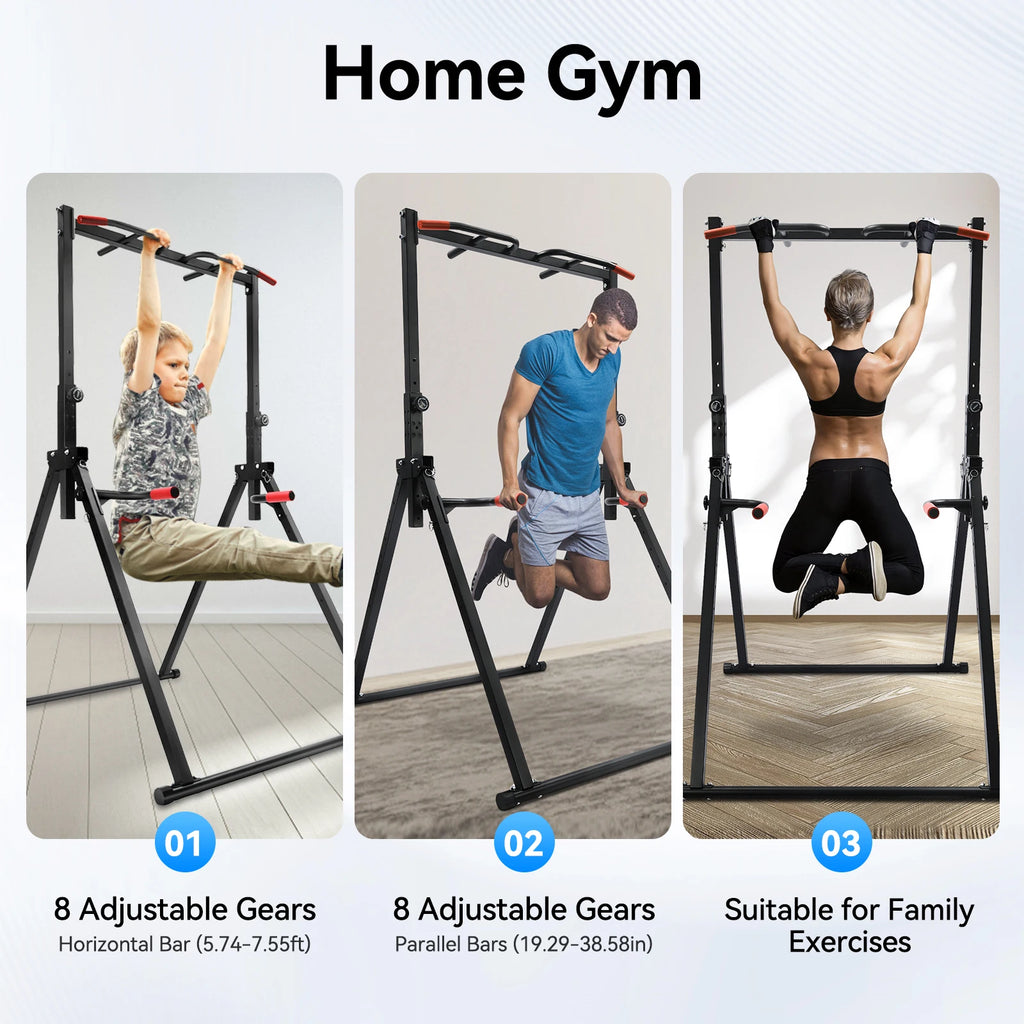 Adjustable Pull Up Bar, 200kg Load Foldable Home Gym Multi-Function Training Station with Parallel Bars for Strength Training