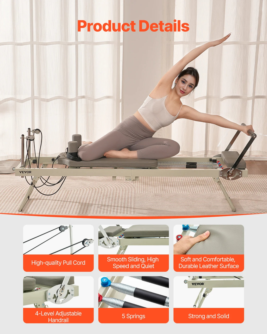 VEVOR Foldable Pilates Reformer Pilates Workout Machine for Home Gym Studio Use, Pilates Bed with Dual Resistance- Spring & Cord